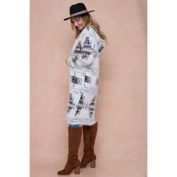Aztec Rainbow Boho Cowichan Jacquard Eyelash Fuzzy Cardigan Knit Sweater - Picture 4 of 6